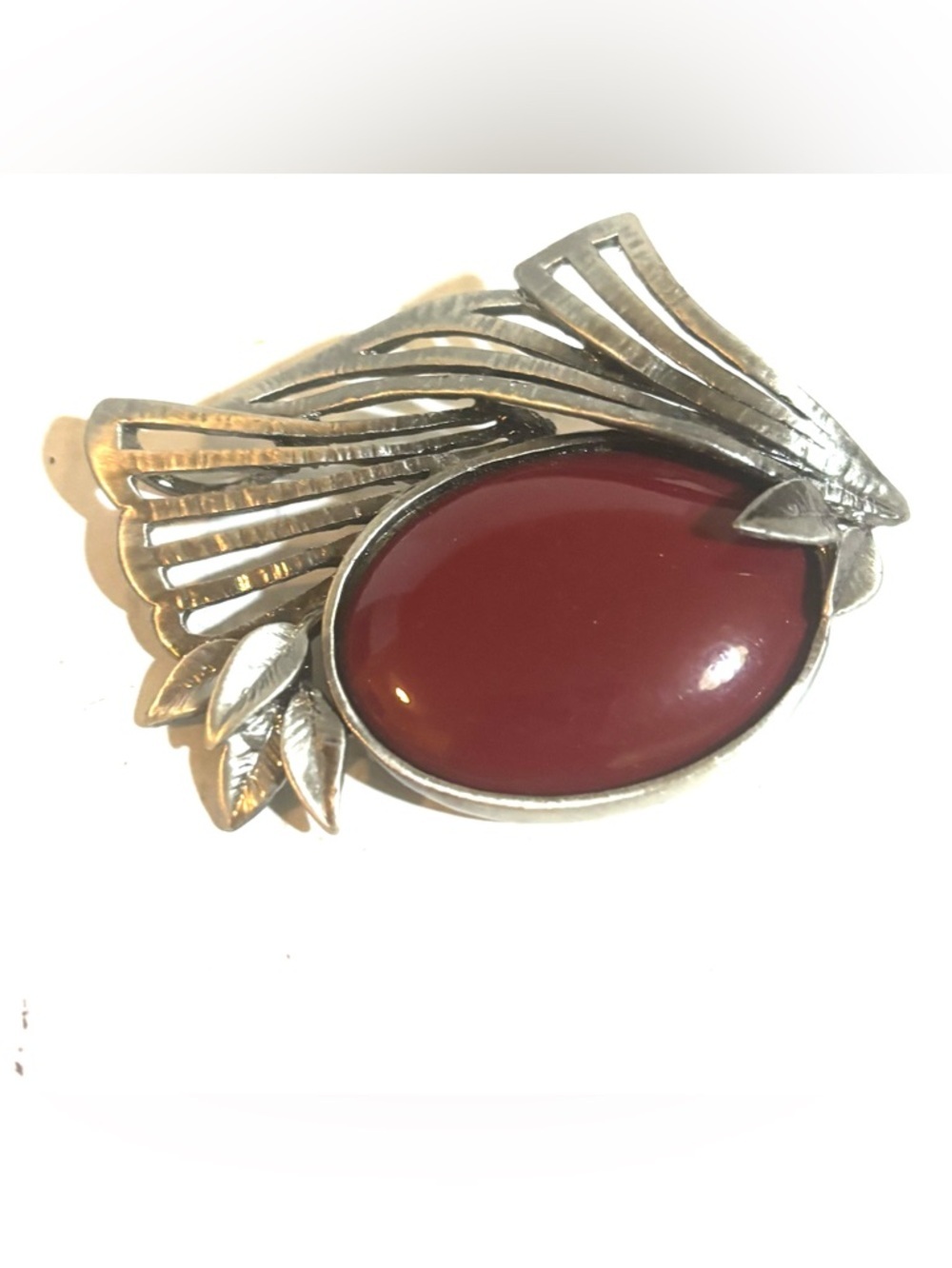 Vintage Silver-Tone Red Cabochon Brooch